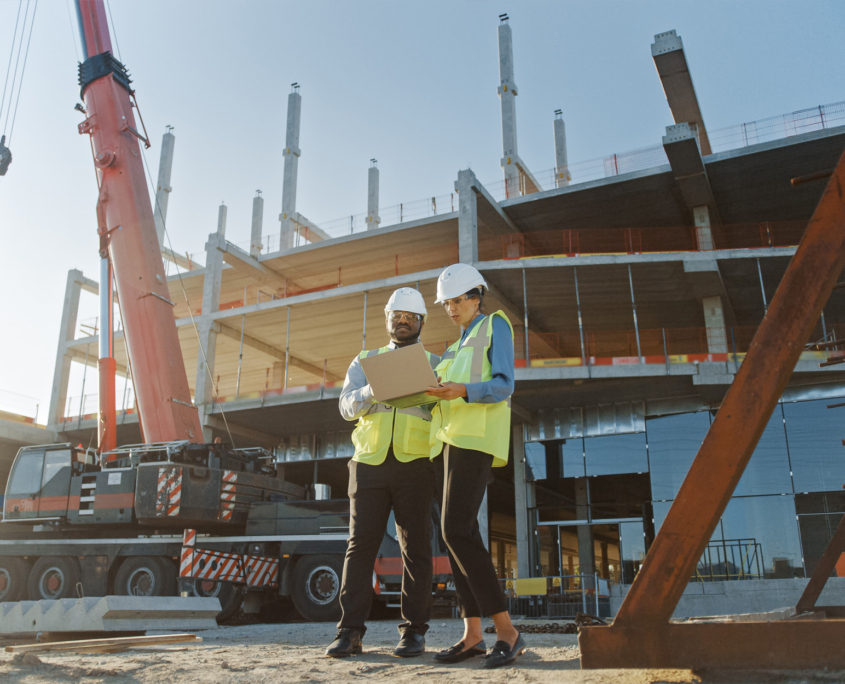 Two Specialists Inspect Commercial, Industrial Building Construction Site